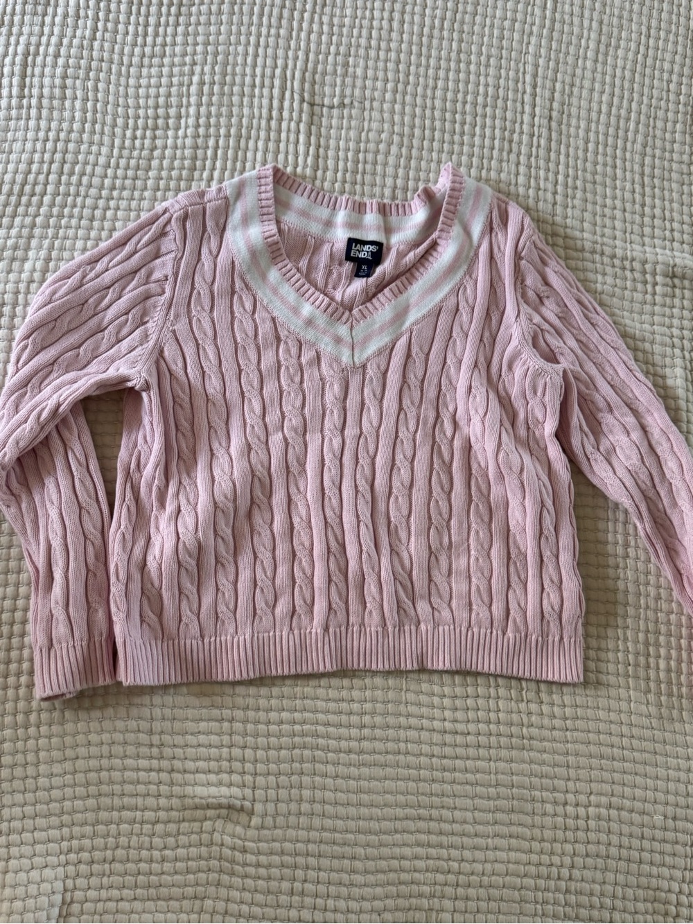 Lands' End Light Pink Cable-Knit V-Neck Sweater with White Trim